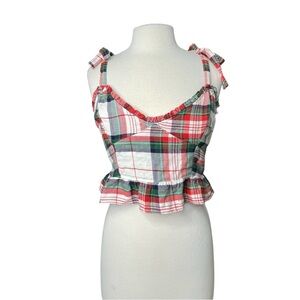Aerie Ruffle Flannel Plaid Crop Tank Tie Straps Christmas Holiday Festive Y2K L